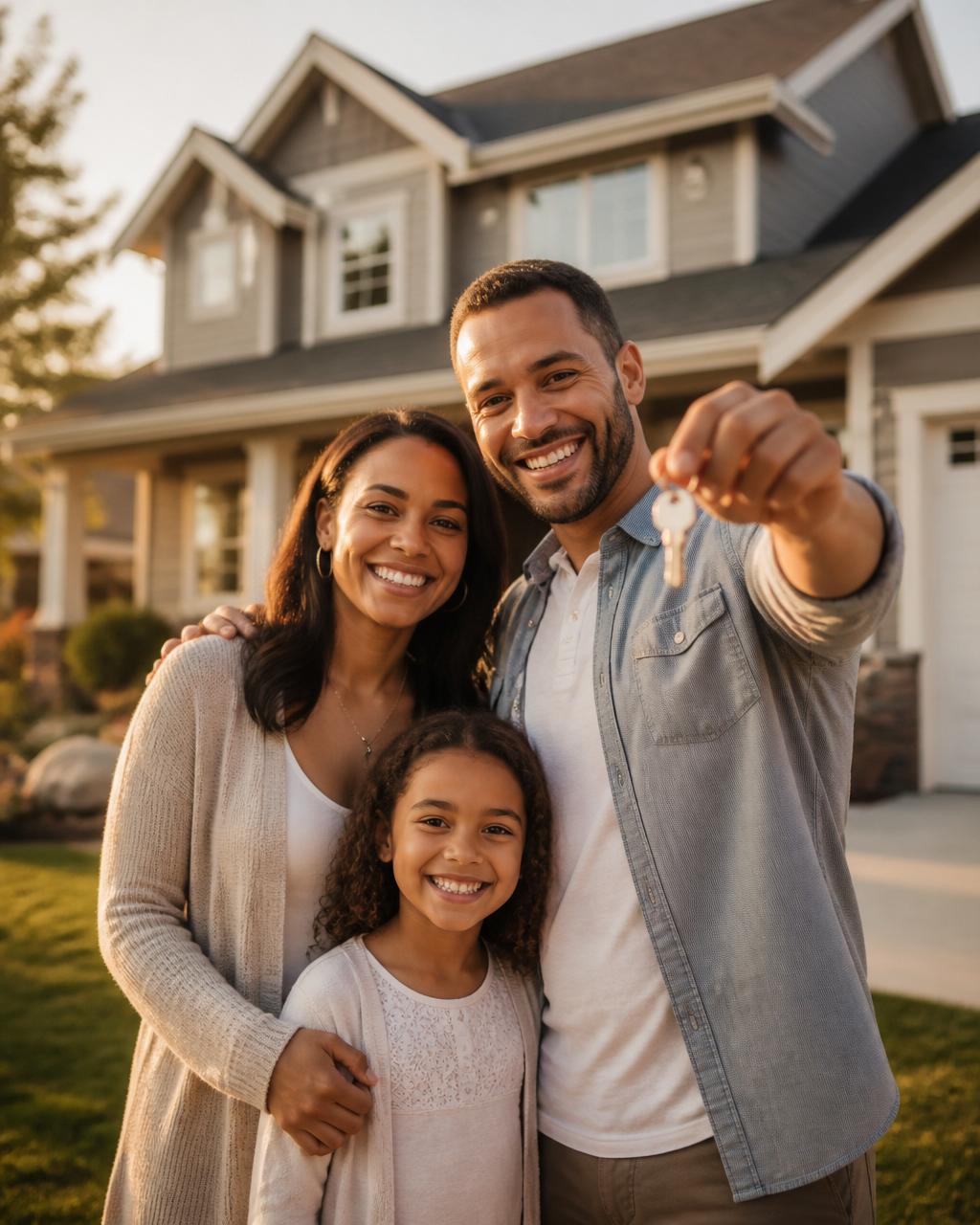 Happy family receiving keys to their new home